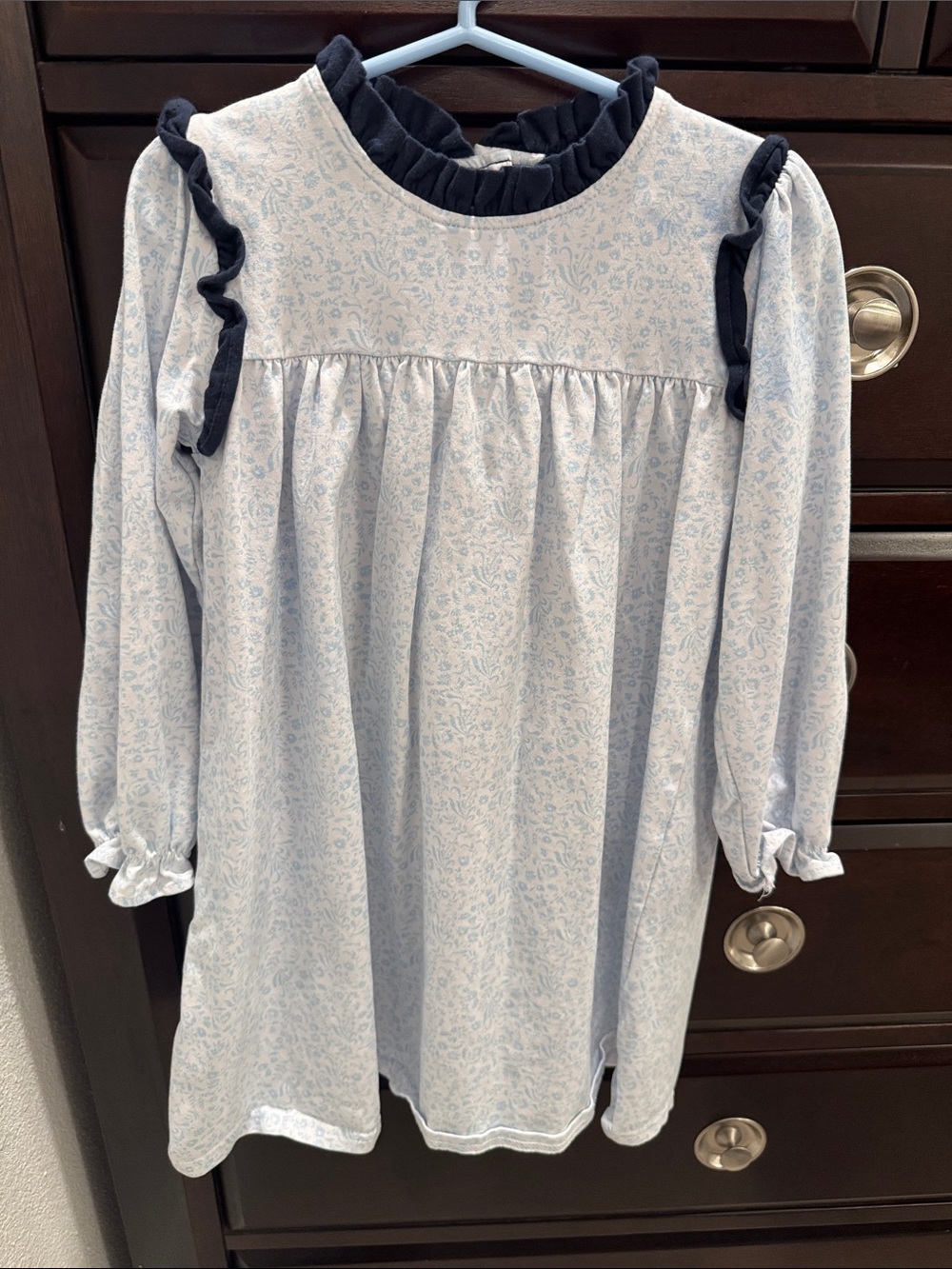Jelly Beans Pale Blue Floral Dress with Navy Ruffle Trim